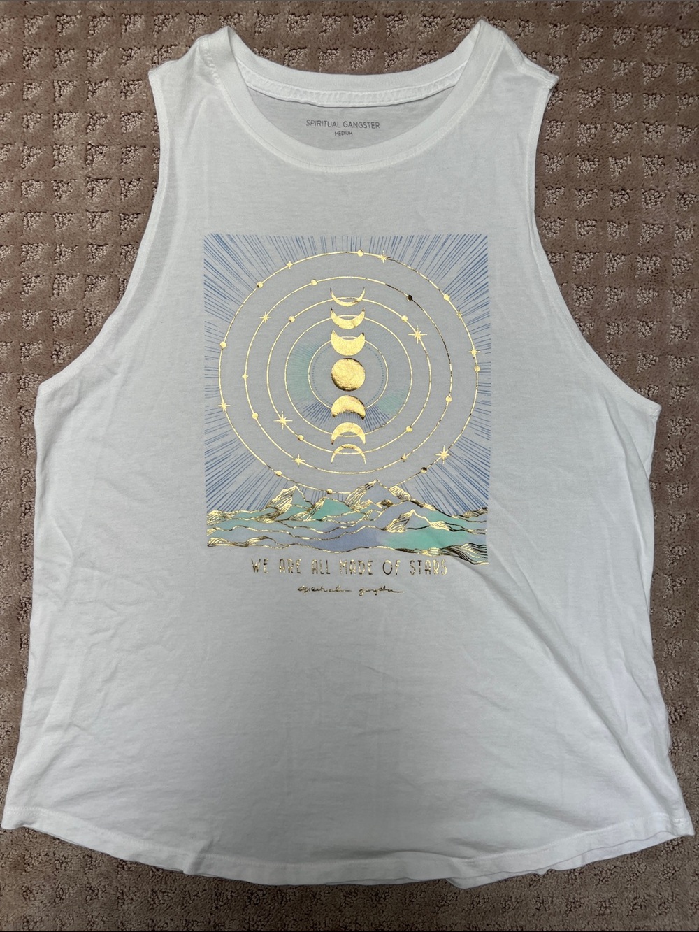 Spiritual Gangster White Tank with Gold Moon Phase Graphic
